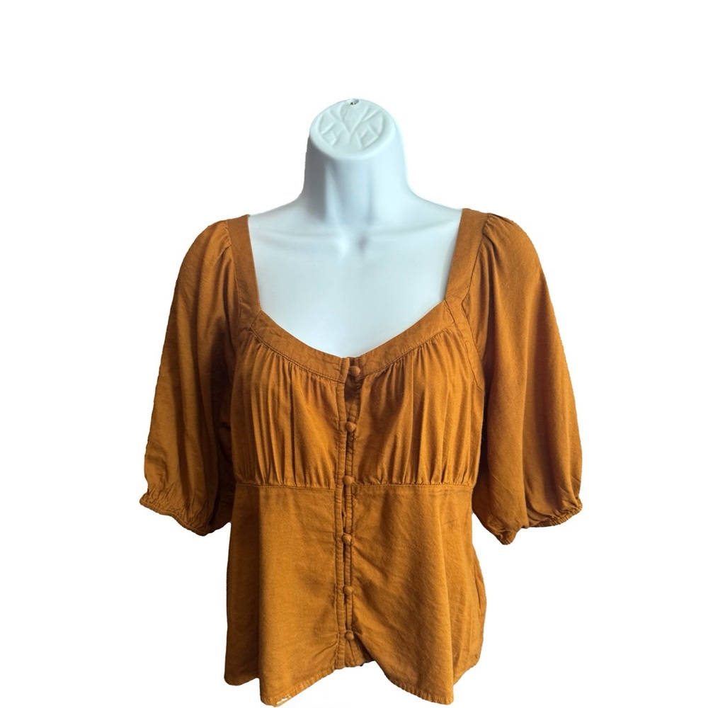 Old Navy Turmeric/Chaparral Puff Sleeve Smocked Button Down Blouse